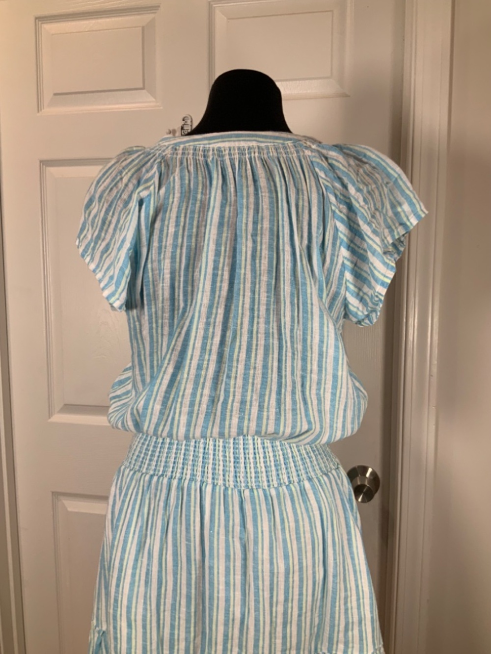 Rails Augustine Laguna Blue Stripe Linen Smocked Tiered Mini Dress Size Medium - Picture 6 of 9